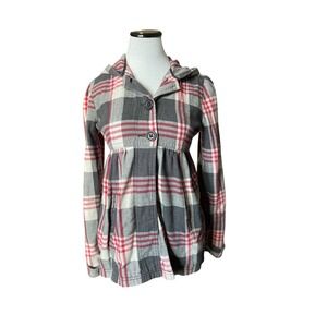 Roxy Y2K Plaid Hooded Babydoll Jacket Size S Gray Red Skater Surf Preppy Mall